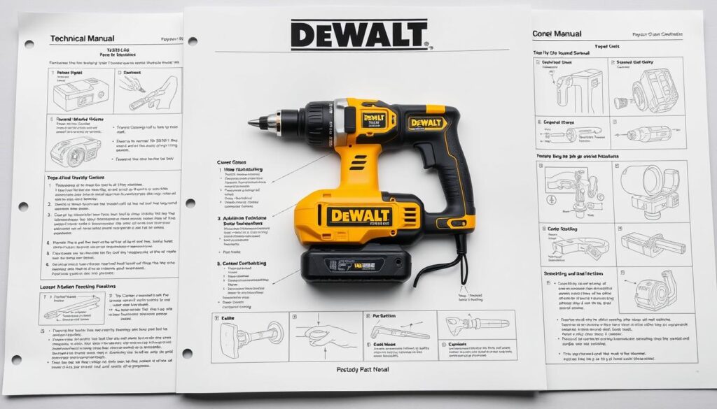 a detailed technical manual cover with a dewalt 089lg power tool in the center, surrounded by clear step-by-step instructions and diagrams for maintenance and care, all on a clean, modern layout with a professional, authoritative tone. the cover has a matte, high-quality finish with minimal branding. the lighting is soft and even, emphasizing the practicality and usefulness of the content. the camera angle is straight-on, giving a sense of accessibility and ease of use. the overall mood is one of reliability, attention to detail, and a commitment to helping the user properly maintain their valuable tool.