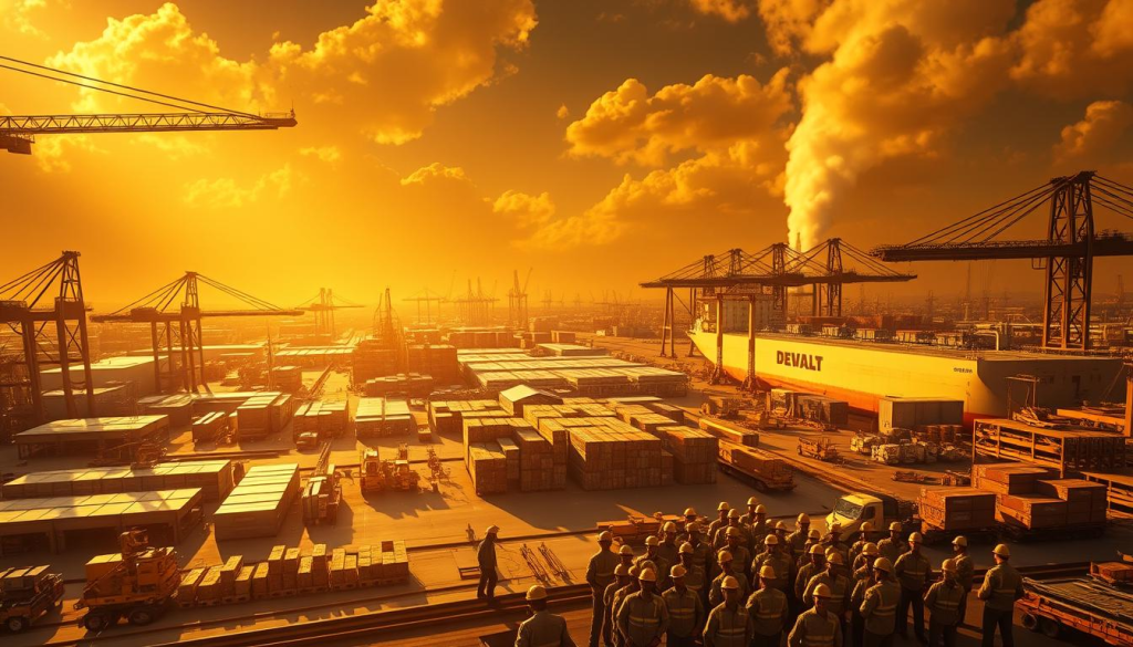 a global industrial powerhouse, DEWALT's expansive reach depicted in an epic wide-angle shot showcasing its manufacturing facilities, distribution centers, and product warehouses spread across multiple continents. The scene is bathed in warm, golden sunlight, creating a sense of strength, reliability, and technical prowess. Towering cranes and cargo ships emphasize the scale of DEWALT's global operations, while sleek, modern architecture and efficient logistics convey the company's commitment to innovation and excellence. In the foreground, a diverse workforce collaborates seamlessly, reflecting DEWALT's multinational workforce and dedication to empowering its people worldwide.