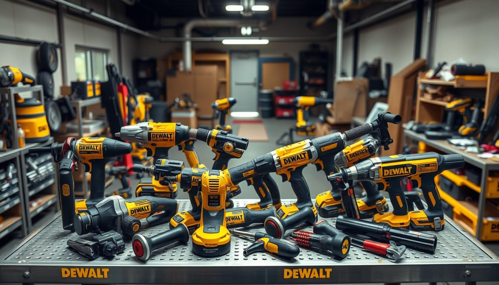 a high-angle shot of a workshop interior with various DEWALT power tools and hand tools displayed on a metal workbench. the tools are arranged in a dynamic, asymmetrical composition, with a focus on innovative and advanced designs. the lighting is bright and evenly distributed, casting sharp shadows and highlighting the intricate details of the tools. the background is slightly blurred, with a sense of depth and depth of field, drawing the viewer's attention to the foreground. the overall atmosphere is one of precision, efficiency, and technological advancement, reflecting the core values of the DEWALT brand.