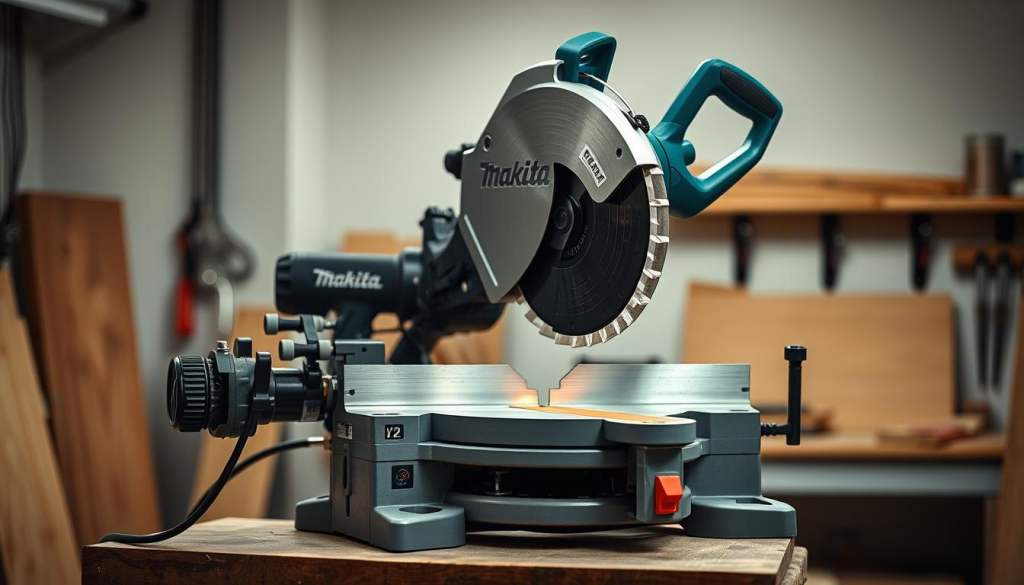 a high-precision Makita miter saw in a well-lit, professional workshop setting. The saw is positioned on a sturdy workbench, its brushed metal body gleaming under the soft, diffused lighting. The blade is motionless, ready to slice through the finest of materials with unparalleled accuracy. The saw's controls are prominently displayed, inviting the user to take full command of its impressive capabilities. The background is slightly blurred, drawing the viewer's attention to the saw's intricate details and the promise of flawless, precision cuts.
