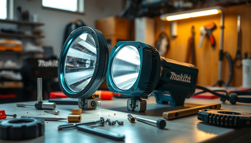 a high-quality, detailed image of a Makita LED work light being serviced and maintained. Set in a well-lit workshop or garage, the light is shown on a clean workbench, partially disassembled, with various tools and components scattered around. The lighting is natural and warm, highlighting the metallic surfaces and intricate details of the light's construction. The image conveys a sense of care, attention to detail, and technical expertise as the maintenance process is carried out. The overall mood is one of functionality, practicality, and professionalism.