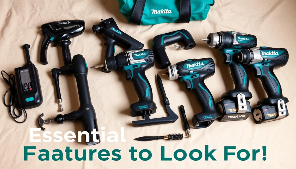 a high-quality, detailed image of a Makita tool set, showcasing its essential features. The set is neatly arranged on a clean, neutral-colored surface, such as a wooden workbench or a light-colored fabric. The tools are presented in a well-lit, studio-like environment, with soft, directional lighting that highlights their sleek, professional design. The image should capture the ruggedness and precision of the Makita brand, with a focus on the power tools, their ergonomic handles, and any distinguishing features that contribute to their performance and durability. The overall composition should convey a sense of sophistication and attention to detail, reflecting the "Essential Features to Look For" in a professional-grade tool set.