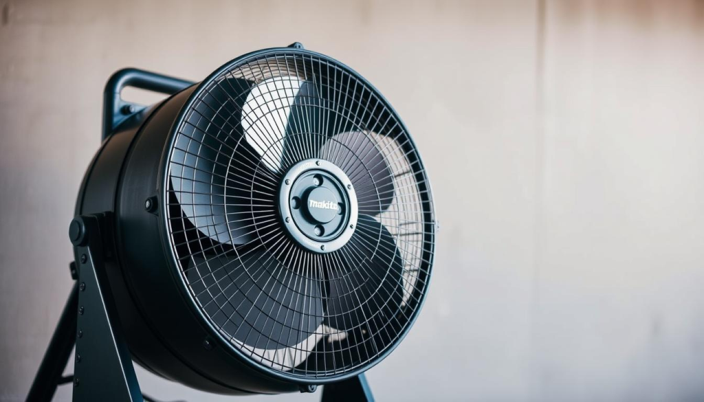 a high-quality, detailed image of an industrial fan with a powerful and efficient design, set against a clean, well-lit background. The fan should have a sturdy metal frame and sturdy blades, with a sleek and modern aesthetic. The lighting should be natural and soft, highlighting the fan's intricate details and creating a sense of depth and dimension. The angle should be slightly elevated, providing a dynamic and compelling view of the fan. The overall mood should convey a sense of reliability, effectiveness, and a commitment to quality, reflecting the positive user reviews and testimonials for the Makita fans.