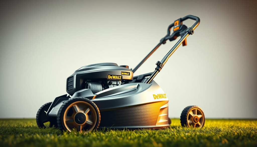 a high-quality, highly detailed, photorealistic image of the DeWalt push mower, showcased in a well-lit, studio setting. The mower is positioned in the center of the frame, capturing its sleek, modern design with a focus on the robust metal construction, sharp lines, and DeWalt branding. The foreground features the mower's powerful engine, high-traction wheels, and ergonomic handlebar design. The middle ground highlights the mower's durable deck, efficient blade system, and adjustable height settings. The background is clean and minimalist, allowing the mower to be the central focus, conveying a sense of quality, precision, and engineering excellence. Warm, directional lighting accentuates the mower's metallic finishes, creating depth and dimension. The overall mood is one of professional, high-end craftsmanship.
