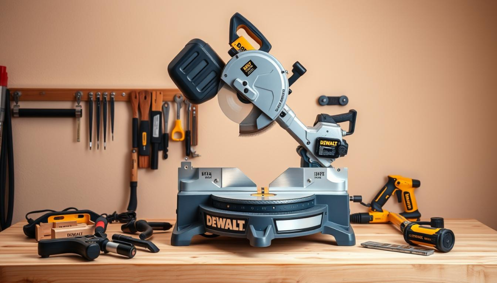 a high-quality image of a DEWALT miter saw with detailed reviews and recommendations shown on a clean, well-lit wooden workbench. The miter saw is prominently displayed in the foreground, with various hand tools and accessories arranged neatly around it. The background features a simple, neutral-colored wall, allowing the miter saw and its reviews to be the focal point. The lighting is soft and natural, creating a warm, inviting atmosphere. The image conveys a sense of professionalism and expertise, reflecting the subject matter of the "User Reviews and Recommendations" section of the article.