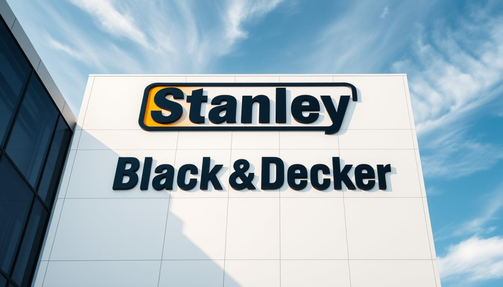 a high-quality photograph of the Stanley Black & Decker corporate logo displayed on a sleek, modern office building with a clean, minimalist architectural design. The logo should be prominently featured in the center of the frame, in crisp, clear detail. The building should be set against a backdrop of a bright, clear sky with wispy clouds, conveying a sense of professionalism and success. The lighting should be natural and evenly distributed, highlighting the logo and building's sharp lines and surfaces. The angle should be slightly elevated, giving the viewer a sense of the building's scale and presence. The overall mood should be one of authority, reliability, and industry leadership.