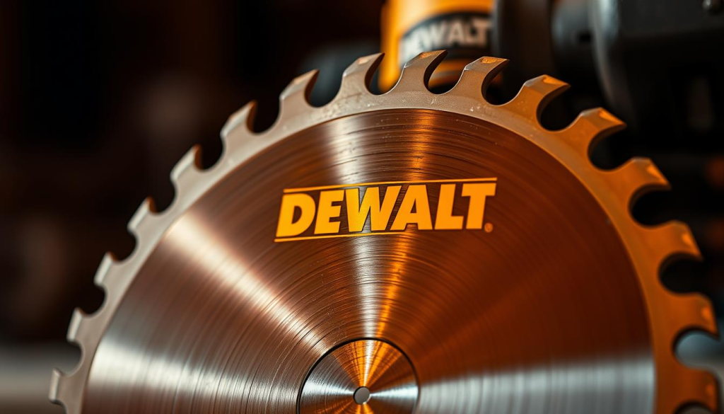 a high-resolution close-up photograph of a DEWALT edger blade, showcasing its intricate design and robust construction. The blade is positioned in the center of the frame, illuminated by warm, directional lighting that accentuates its sharp teeth and sleek metal surface. The background is blurred, allowing the blade to be the focal point of the image. The lighting and depth of field create a professional, product-focused atmosphere, highlighting the key features and quality craftsmanship of the DEWALT edger blade.