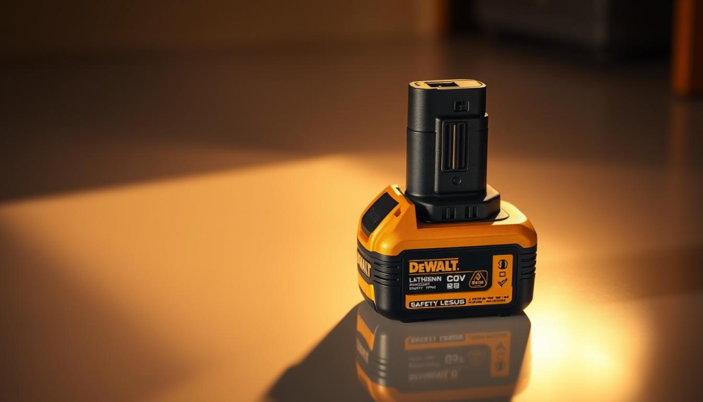 a high-resolution, detailed close-up photograph of a DeWalt 20V lithium-ion battery pack, showcasing its safety features. The battery is positioned on a clean, reflective surface, illuminated by warm, soft lighting from the side, creating subtle shadows and highlights that accentuate its contours and textures. The image should convey a sense of precision, durability, and the advanced engineering behind the battery's safety mechanisms, such as overload protection, temperature sensors, and impact resistance. The background is subtly blurred, keeping the focus on the battery and its design elements.