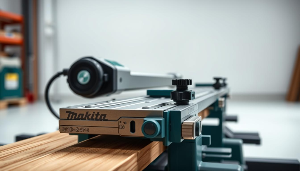 a highly detailed and realistic image of a heavy-duty Makita guide rail, shot in a well-lit studio with a sharp focus and a clean, modern background. The guide rail should be the central focus, showcasing its sturdy aluminum construction, precision-machined edges, and secure clamping mechanisms. Capture the tool's robust and durable design, emphasizing its ability to provide smooth, straight cuts with exceptional accuracy. Utilize a slightly elevated angle to highlight the guide rail's sleek profile and ergonomic features, conveying a sense of precision engineering and reliable performance.