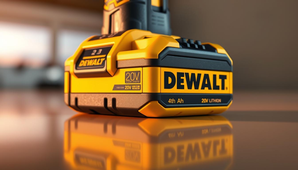 a highly detailed, photo-realistic render of a DEWALT 4Ah 20V lithium ion battery, seen from a low-angle perspective, with a warm, soft lighting that accentuates its sleek, angular design and vibrant yellow and black color scheme. The battery is placed on a smooth, reflective surface, allowing for a sense of depth and a subtle, mirrored effect. The foreground is in sharp focus, while the background is gently blurred, drawing the viewer's attention to the battery's sturdy, durable construction and premium quality. The image conveys a sense of reliability, power, and professionalism, perfectly suited to illustrate the "User Reviews and Testimonials" section of an article about this DEWALT battery product.