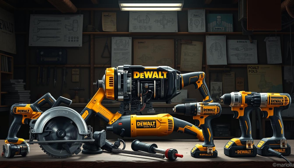 a highly detailed, photorealistic digital illustration of the origins and innovations in DEWALT power tool design, set against a dimly lit workshop interior. In the foreground, a collection of classic DEWALT tools, including a circular saw, drill, and impact driver, are positioned with careful attention to light and shadow, showcasing their robust construction and premium materials. The middle ground features a large, partially-disassembled DEWALT tool, revealing its intricate inner workings and advanced engineering. In the background, various prototypes, schematics, and design sketches are displayed on a cluttered workbench, hinting at the company's commitment to continuous improvement and innovation. The overall scene conveys a sense of technical expertise, craftsmanship, and the relentless pursuit of perfection that defines the DEWALT brand.