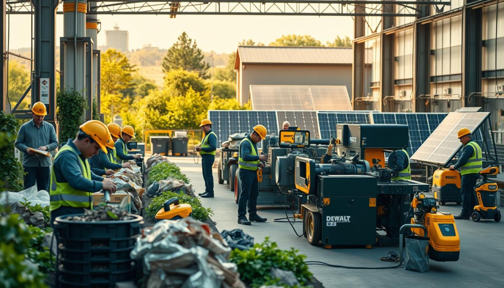 a highly detailed, photorealistic image of DEWALT's sustainability practices, set in a modern industrial manufacturing facility. The foreground features a group of DEWALT employees engaged in various eco-friendly tasks - recycling materials, maintaining solar panels, and operating energy-efficient machinery. The middle ground showcases the manufacturing process, with specialized tools and equipment used to produce DEWALT's signature power tools in a sustainable manner. The background depicts the exterior of the facility, with lush greenery, solar arrays, and signage highlighting DEWALT's commitment to environmental responsibility. The lighting is warm and natural, creating a sense of progress and innovation. The overall atmosphere conveys DEWALT's dedication to sustainable manufacturing and corporate social responsibility.