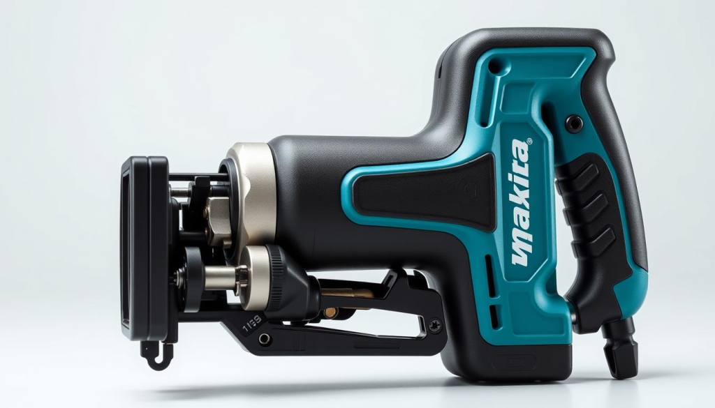 a highly detailed, photorealistic image of a compact Makita nibbler power tool, shown from a slightly elevated angle, with a focus on its key design features. The nibbler is rendered with a sleek, ergonomic body in the brand's signature blue and black color scheme. The image showcases the compact, lightweight nature of the tool, as well as its various control buttons, trigger, and accessory attachments. The background is a clean, neutral setting that allows the nibbler to be the central focus. Lighting is set to capture the metallic sheen and subtle textures of the tool's components, emphasizing its high-quality construction. The overall mood is one of precision, power, and professionalism, suitable for an article highlighting the Makita nibbler's key features.