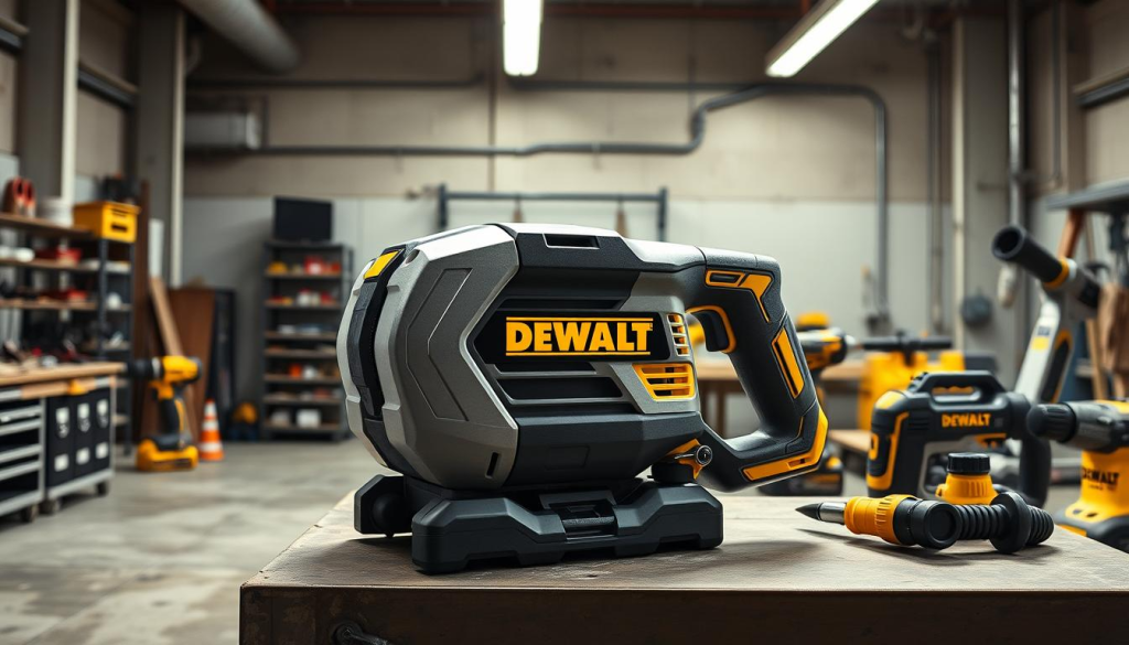 a highly detailed, photorealistic image of the DEWALT POWERSTACK performance power tool, shot in a well-lit, industrial workshop setting. The POWERSTACK is the focal point, showcasing its robust, ergonomic design with smooth, metallic surfaces and striking yellow accents. The tool is positioned on a sturdy workbench, surrounded by other DEWALT power tools and accessories, conveying a sense of professional-grade equipment. Soft, directional lighting from overhead accentuates the tool's form and highlights its advanced features. The background is a clean, organized workspace with concrete floors, metal shelving, and hints of machinery, creating an atmosphere of productive, high-performance DIY or trade work.