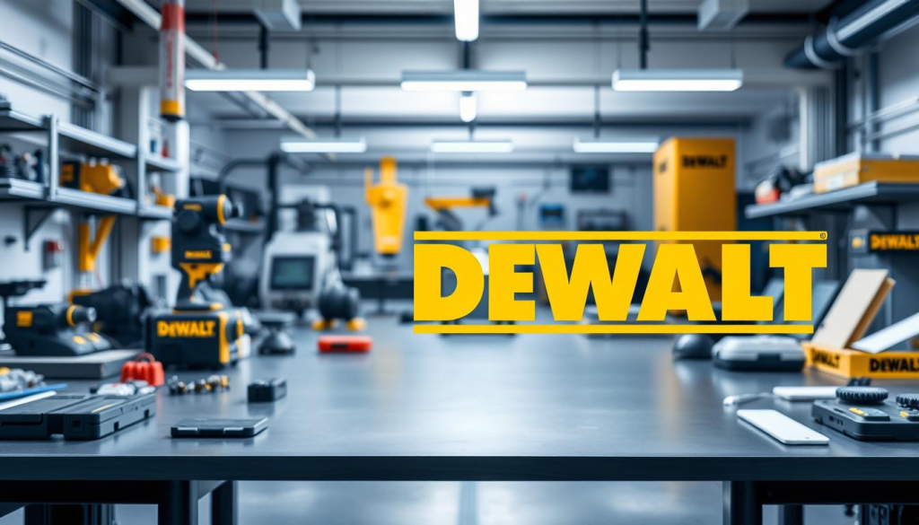 a highly detailed, photorealistic image of the DEWALT brand logo and trademark, set against a backdrop of an engineering laboratory or research and development facility. The logo is prominently displayed in the foreground, with a sense of depth and focus, capturing the precision and technical prowess of the DEWALT brand. The middle ground features various engineering tools, equipment, and prototypes, suggesting the extensive research and development efforts that go into DEWALT's power tool innovations. The background showcases a clean, modern workspace with sleek, minimalist design elements, conveying a sense of innovation and cutting-edge technology. The lighting is bright and evenly distributed, highlighting the attention to detail and quality that DEWALT is known for. The overall atmosphere is one of professionalism, innovation, and a commitment to excellence in product development.