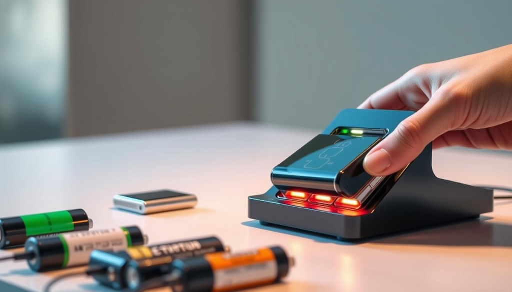 a highly efficient battery charging station with multiple charging ports, illuminated by warm, focused lighting. The station is sleek and modern, with a clean, minimalist design. In the foreground, a hand gently places a rechargeable battery onto one of the charging ports, indicating the ease and simplicity of the process. The middle ground showcases various battery types and sizes, highlighting the versatility of the charging station. The background features a subtle, gradient-based environment, creating a sense of depth and highlighting the advanced technology at work.