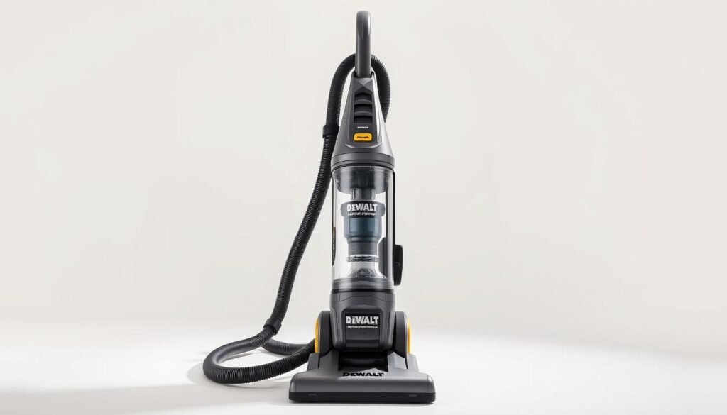 a meticulously detailed upright vacuum cleaner by DeWalt, shot in a bright, well-lit studio setting with a clean, minimalist background. The vacuum is positioned prominently in the center, showcasing its sleek, sturdy design with a matte grey finish. The various components, such as the dust canister, filters, and hoses, are clearly visible, allowing the viewer to examine the inner workings and maintenance points. Soft, diffused lighting from multiple angles accentuates the texture and form of the vacuum, creating a sense of depth and dimension. The overall composition emphasizes the vacuum's durability, functionality, and ease of maintenance, capturing the essence of the "Maintenance and Care" section of the article.