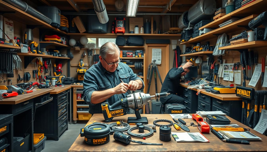 a well-lit, detailed workshop interior showing a DEWALT tool repair station, with a variety of tools and equipment neatly organized on workbenches and shelves. The focal point is a skilled technician meticulously disassembling and inspecting a DEWALT power tool, surrounded by spare parts, manuals, and other repair materials. The scene conveys a sense of professionalism, expertise, and attention to detail, capturing the essence of DIY enthusiasts tackling basic DEWALT tool repairs.