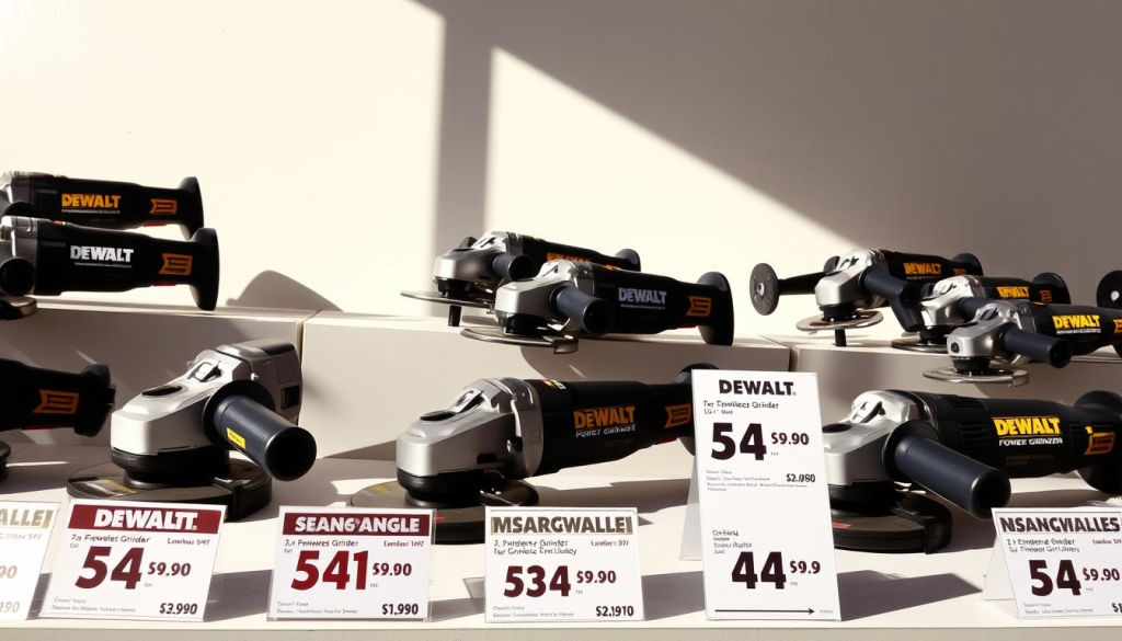 a well-lit display of DEWALT power tools, including a variety of angle grinders, set against a clean, neutral backdrop. The grinders are arranged in a visually appealing manner, showcasing their distinct models and features. The lighting is bright and natural, highlighting the sleek, metallic designs of the tools. In the foreground, price tags and sale signs are prominently displayed, indicating significant discounts on the grinders. The overall scene conveys a sense of professionalism and attention to detail, inviting the viewer to explore the seasonal and promotional deals on these high-quality power tools.