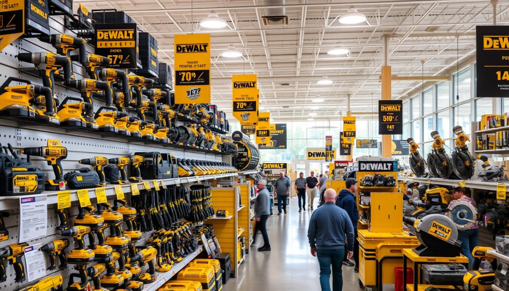 a well-lit hardware store interior, shelves filled with DEWALT power tools, drills, saws, and other equipment, neatly displayed with price tags and sale banners indicating discounted prices, a bright and inviting atmosphere with natural lighting streaming through large windows, the store layout organized to showcase the DEWALT brand prominently, customers browsing the aisles and interacting with the products, a sense of a lively and active shopping experience