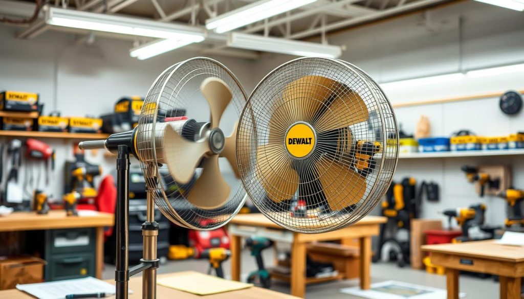 a well-lit workshop interior, with a DEWALT shop fan prominently displayed in the foreground. The fan is mounted on a sturdy metal stand, positioned to provide optimal airflow across the workspace. The fan blades are spinning rapidly, creating a gentle breeze that rustles nearby papers and tools. In the middle ground, various power tools and workbenches are visible, suggesting an active and productive workspace. The background features a clean, organized storage area with shelves of DEWALT products, conveying a sense of professionalism and attention to detail. The overall atmosphere is one of efficiency, comfort, and the confident mastery of a skilled craftsperson's domain.