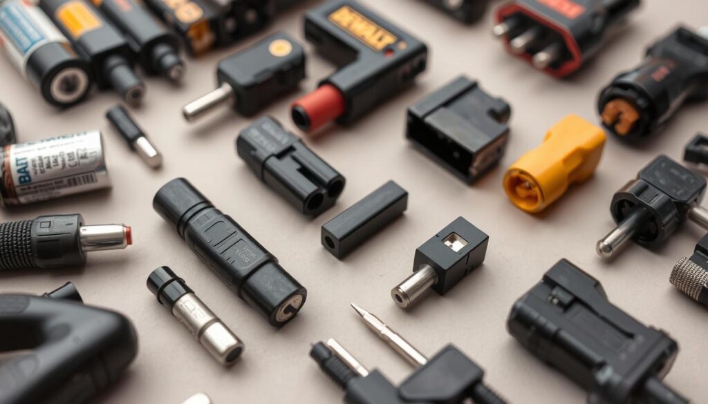 battery connection types, close-up view of various rechargeable battery connectors and plugs, including AA, AAA, C, D, 9V, and power tool battery types, such as DEWALT, Bauer, and others, arranged in a neat, organized manner on a neutral background, with soft, even lighting to highlight the details and textures of the connectors, captured from an eye-level perspective using a macro lens to provide a clear, focused, and detailed representation of the subject matter