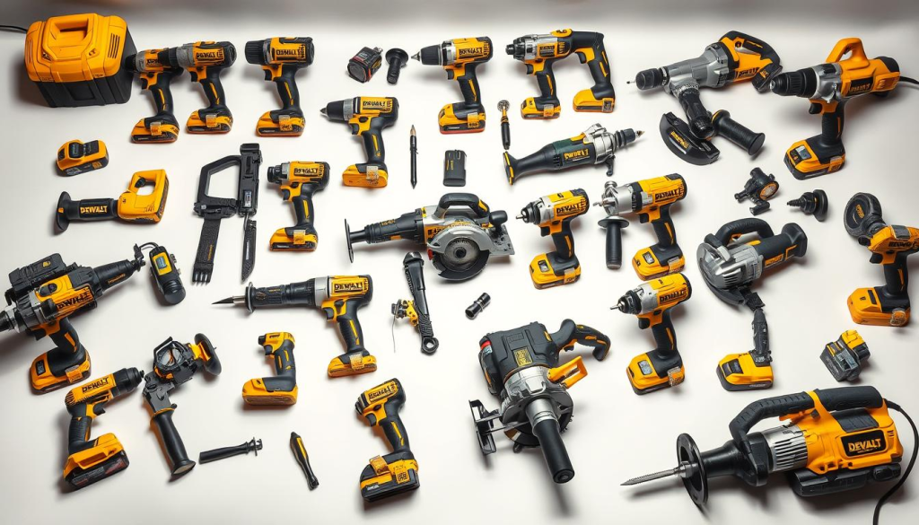 dewalt power tools variety, featuring a diverse collection of cordless and corded power tools including drills, impact drivers, circular saws, reciprocating saws, grinders, and more, arranged on a clean white background with subtle shadows and warm studio lighting, capturing the high-quality craftsmanship and versatility of the DEWALT brand in a visually compelling and organized manner